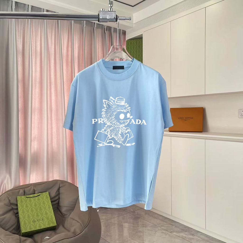 Light blue T-shirt with crew neck and white graphic print on front