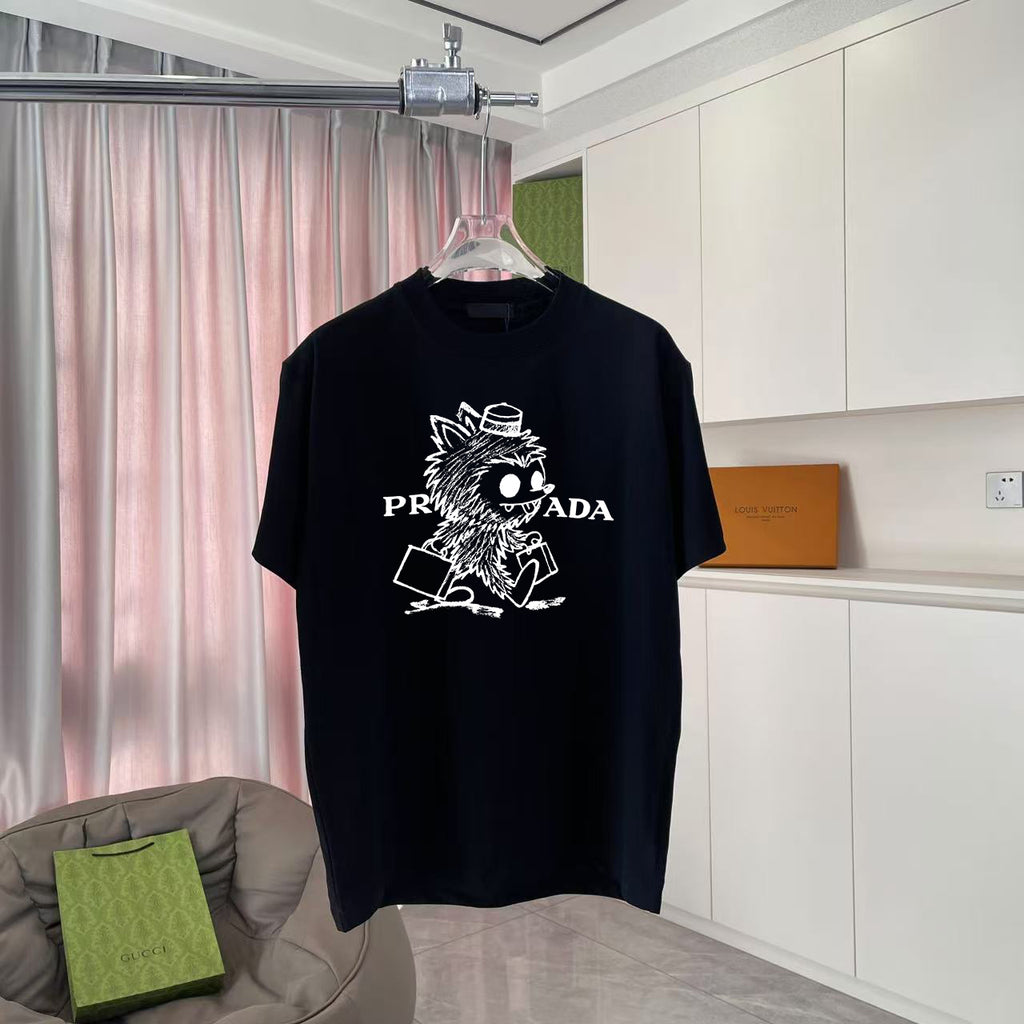 Black graphic T-shirt with Prada logo and animal print on front