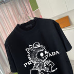 Black graphic T-shirt with large Prada logo and animal illustration