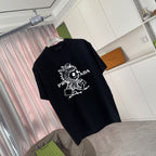 Black graphic T-shirt with Prada logo and animal print on front, angled view