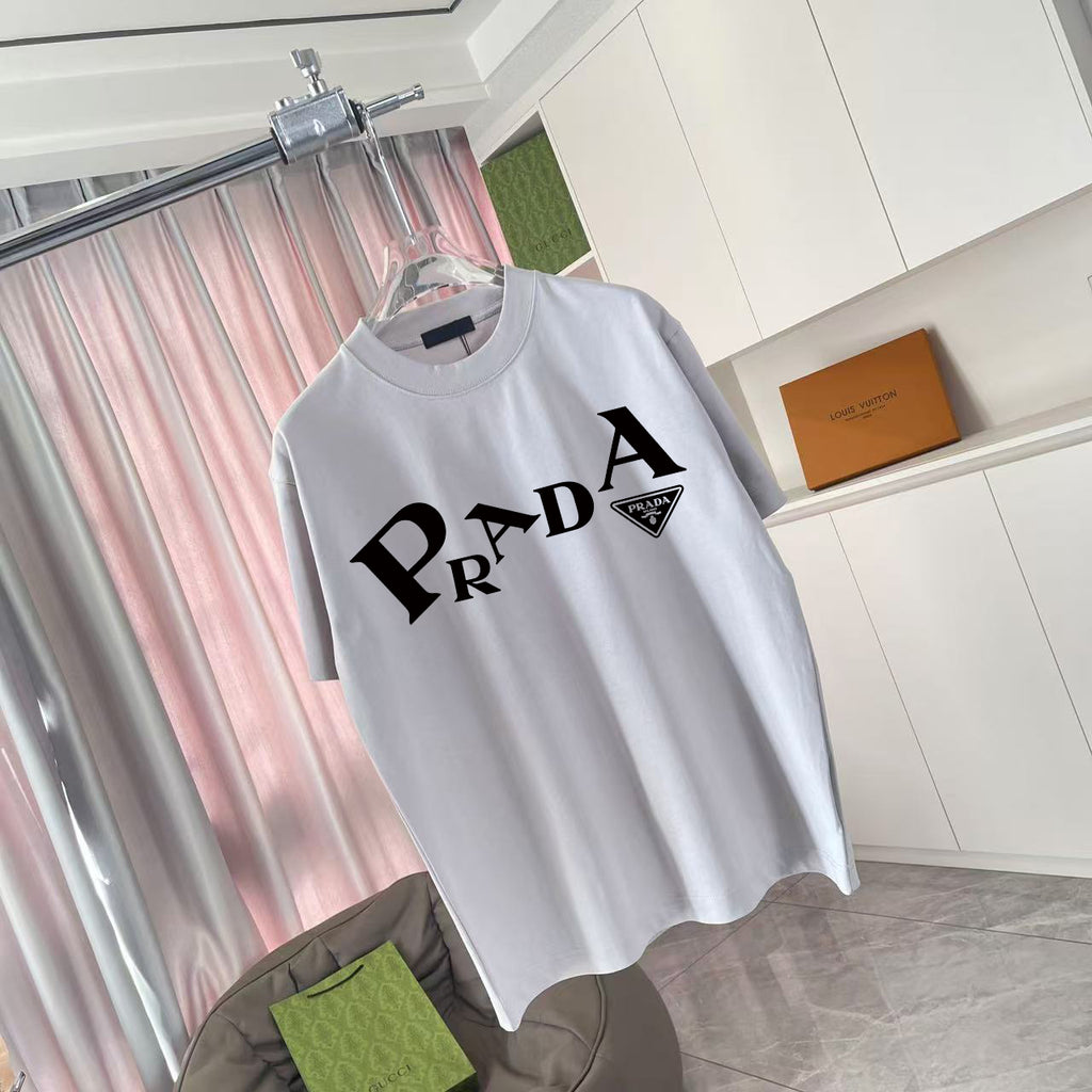 Light gray short-sleeve T-shirt with Prada wordmark and triangular logo patch