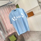 Light blue short-sleeve T-shirt on hanger, front logo print