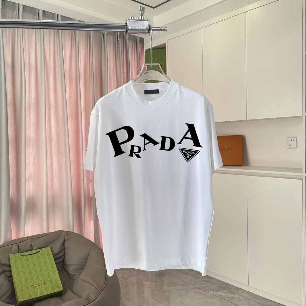White short-sleeve T-shirt with large Prada logo print on chest