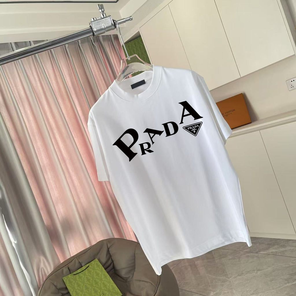 White short-sleeve T-shirt with Prada logo graphic on chest
