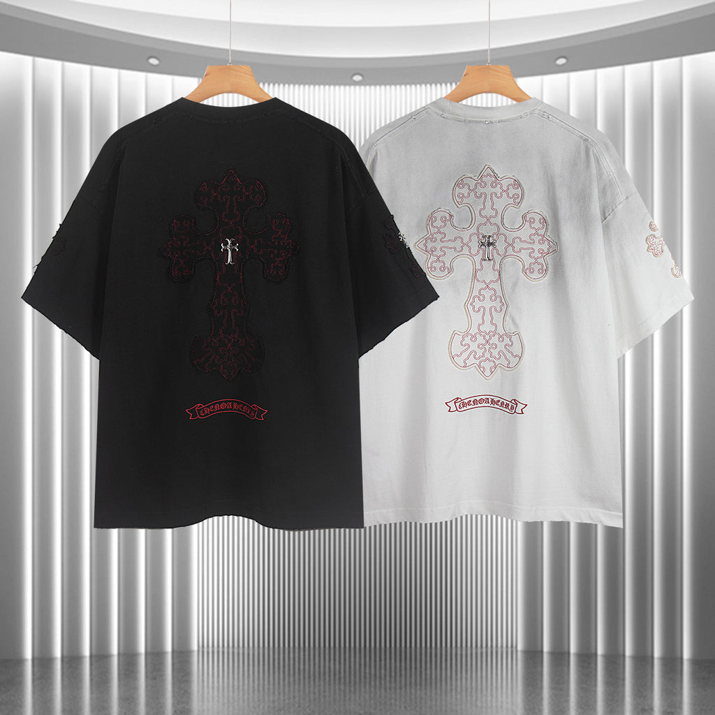 Black and white short-sleeve T-shirts with embroidered cross graphics on back