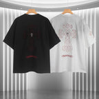 Black and white short-sleeve T-shirts with embroidered cross graphics on back