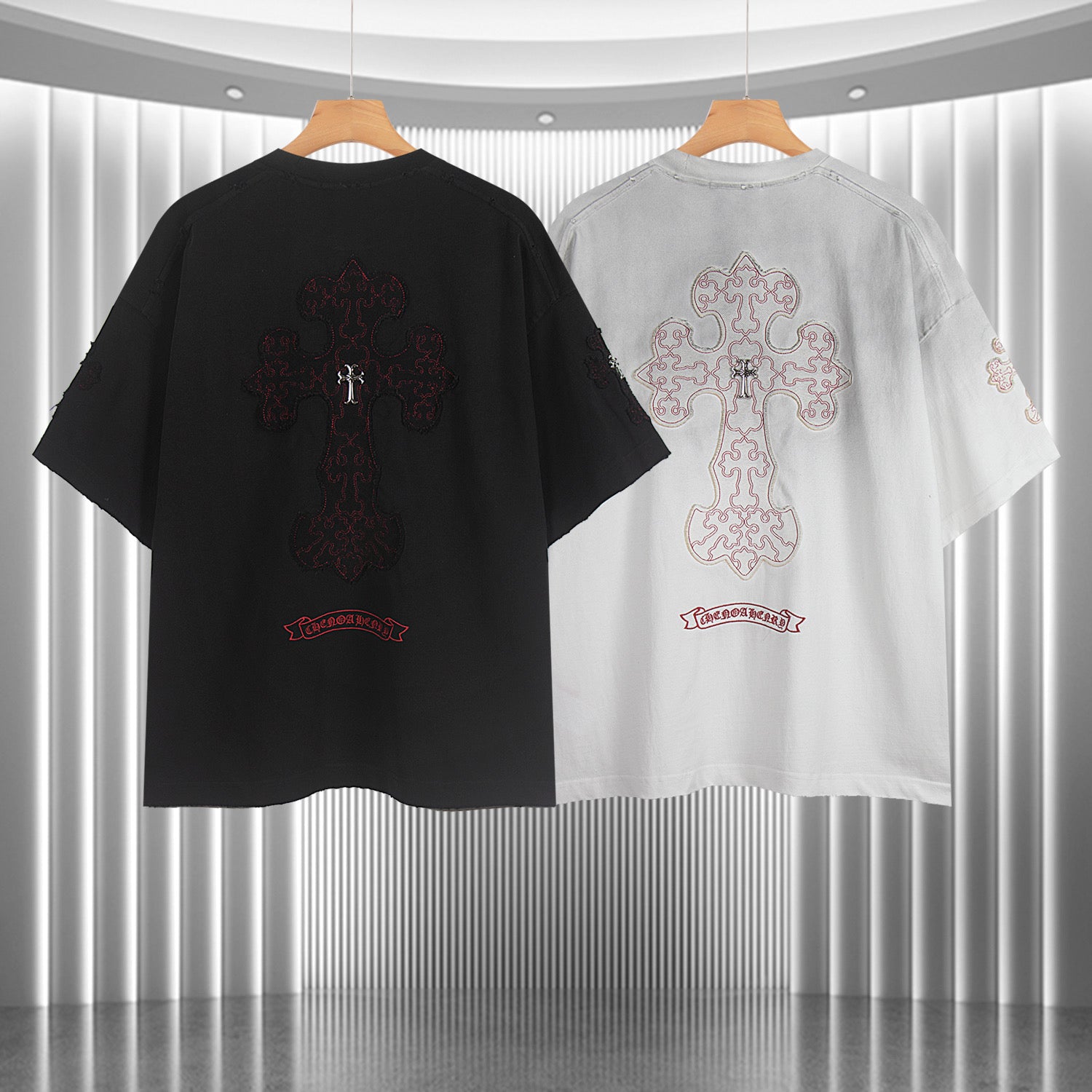 Black and white short-sleeve T-shirts with embroidered cross graphics on back
