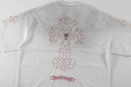 Back view of white short-sleeve T-shirt with large cross embroidery and logo patch