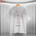 White short-sleeve T-shirt with large embroidered cross graphic on back
