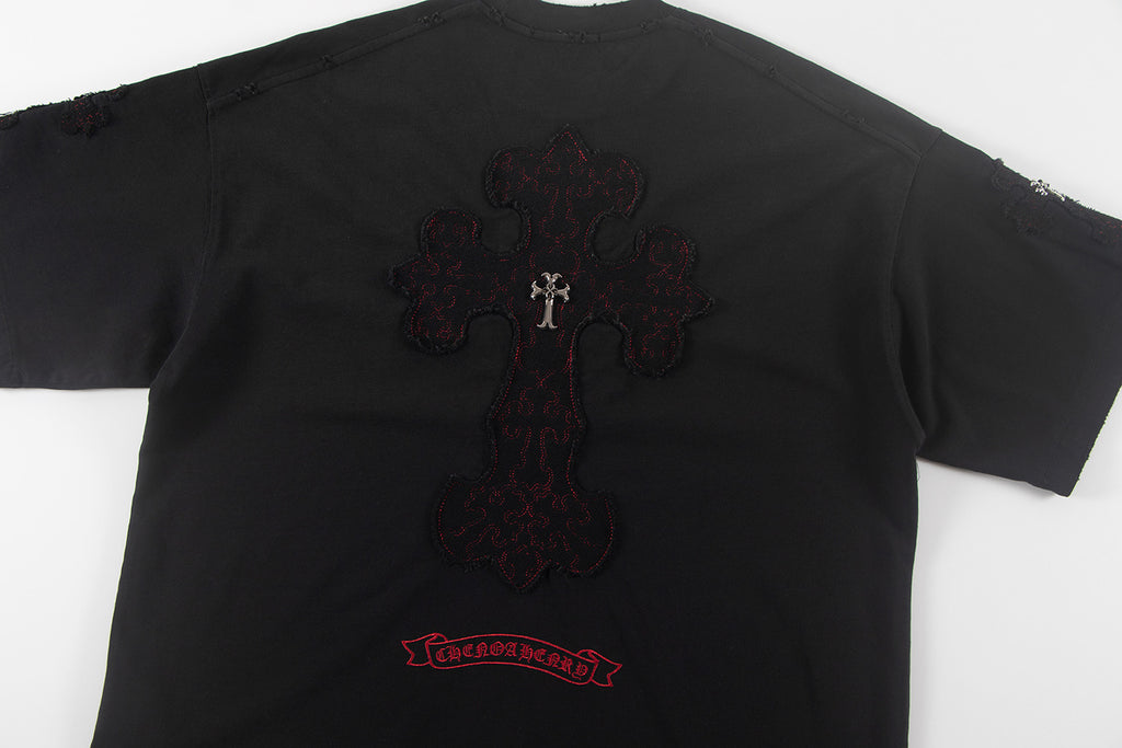 Black short-sleeve shirt back view with large cross emblem embroidery