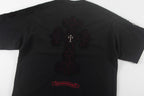 Black short-sleeve shirt back view with large cross emblem embroidery