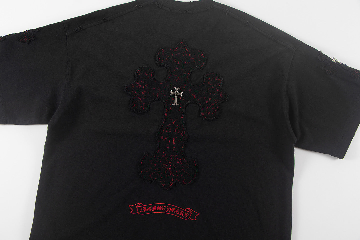 Black short-sleeve shirt back view with large cross emblem embroidery