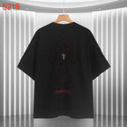 Black short-sleeve shirt with cross embroidery on the back