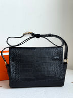 Hermes croc-textured shoulder bag, dark blue with gold turn-lock and adjustable strap