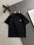 Black short-sleeve T-shirt with small gold crest logo
