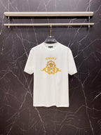White T-shirt with gold crest graphic and small VERSACE text, crew neck