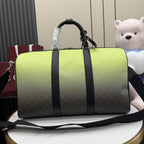 Lime-green monogram duffel bag with black center stripe and crossbody strap