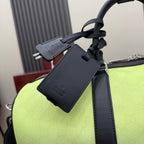 Gucci bag with navy leather strap, zip hardware and hanging label on lime green body