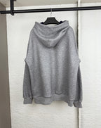 Gray marl pullover hoodie with hood and front pouch pocket, viewed from the back