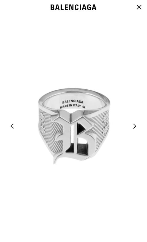 Silver-tone logo ring with large B emblem and ridged band