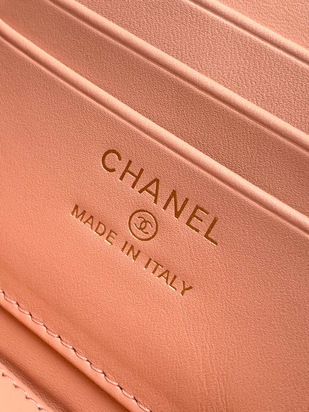 Chanel bag lining with embossed CHANEL and MADE IN ITALY text