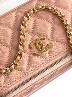Chanel bag in light pink quilted leather with gold chain and CC logo detail