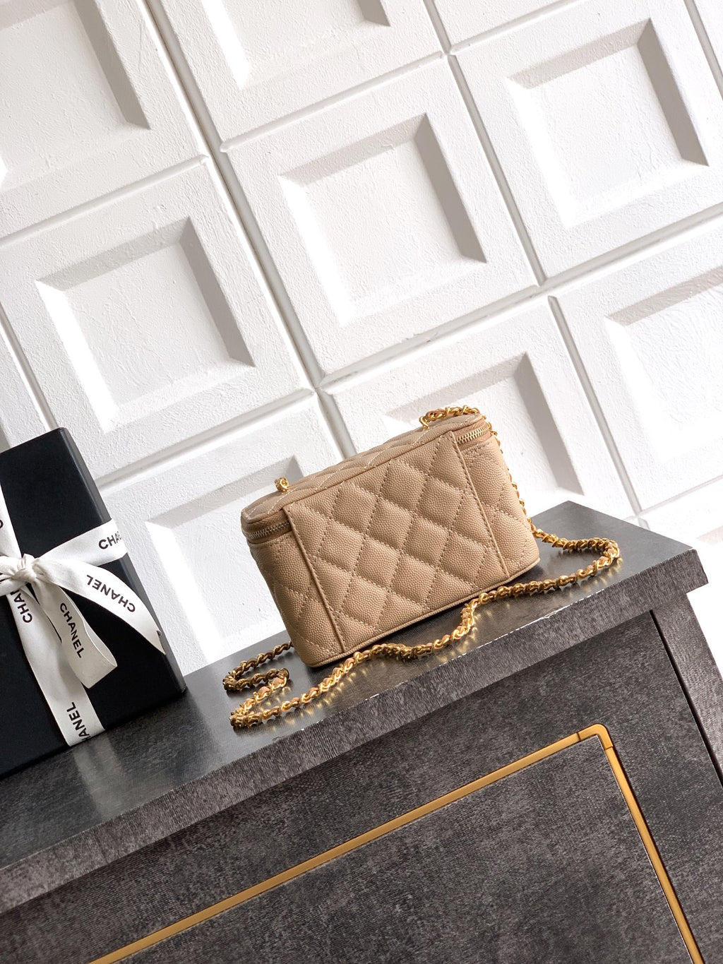 Chanel quilted mini bag with gold chain strap, beige, front flap with hardware