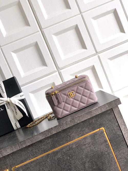 Chanel lilac quilted flap bag with gold-tone chain strap and front clasp