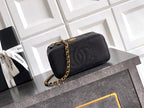 Chanel quilted leather mini bag, black, with gold chain and logo front clasp.