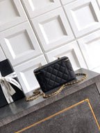 Chanel quilted leather mini bag, black, gold chain strap and front flap details.