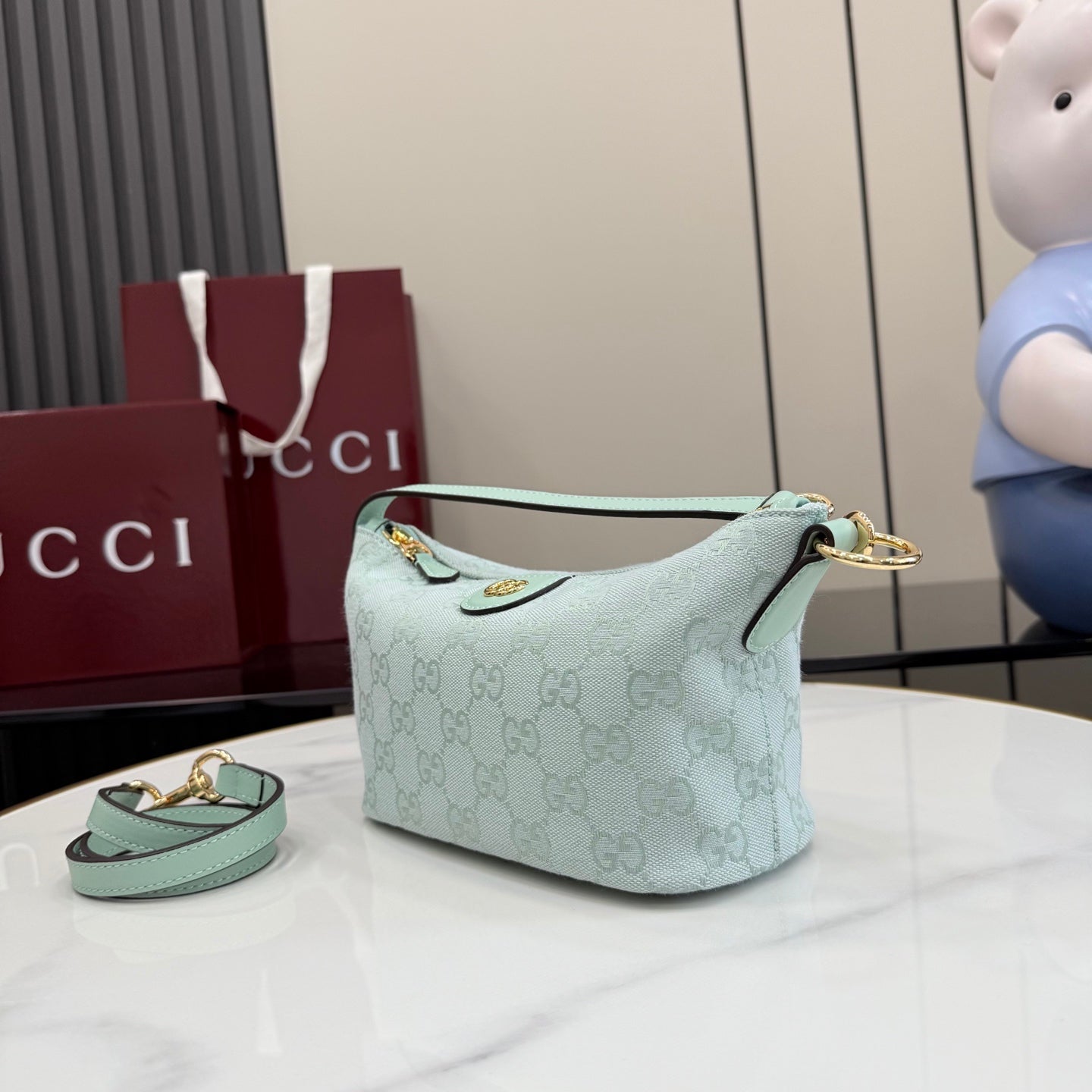 Gucci hobo bag light blue GG monogram, small shoulder strap, gold hardware