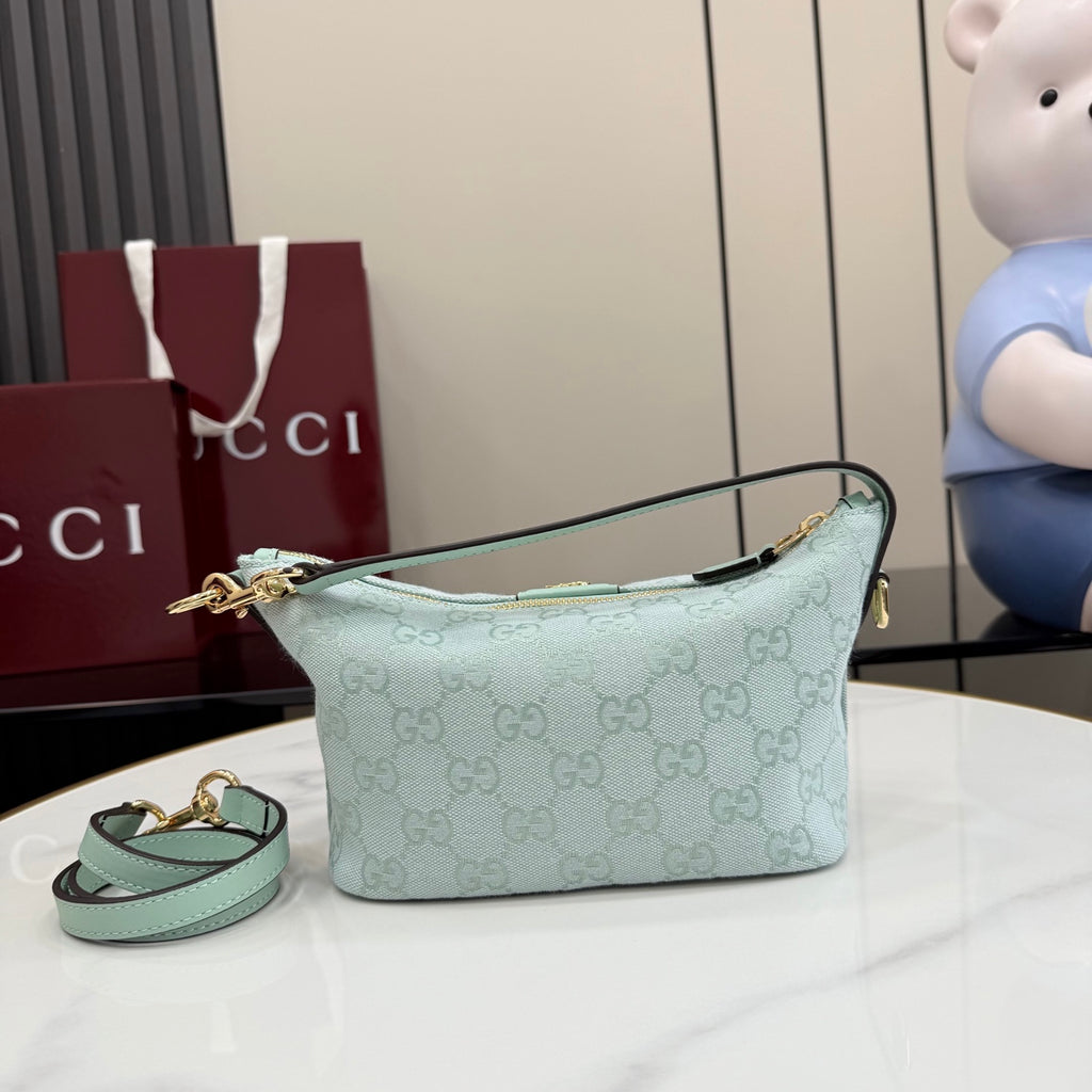 Gucci hobo bag light blue GG monogram with gold chain strap and top zipper