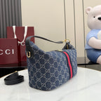 Gucci blue GG canvas hobo bag with shoulder strap, gold hardware, red stripe