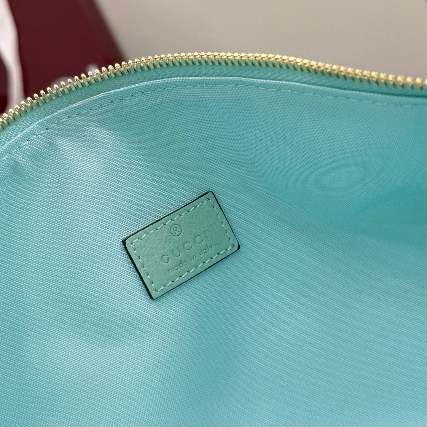 Gucci hobo bag detail: teal fabric lining with small light blue Gucci logo patch