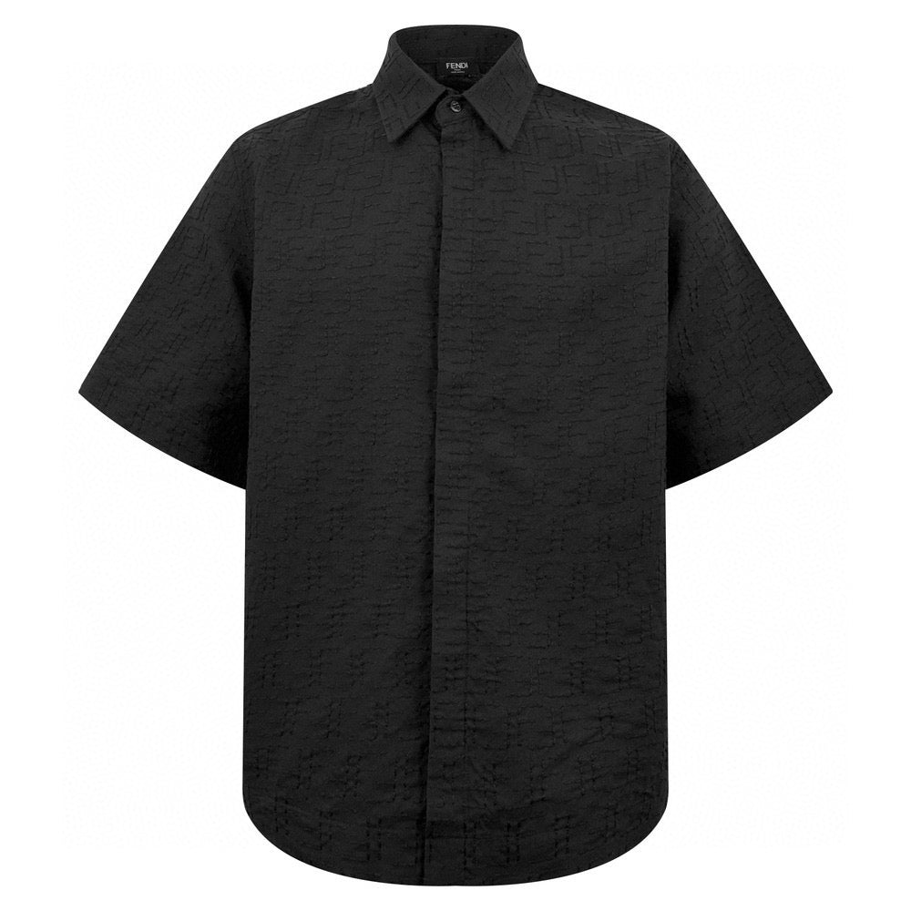 Fendi short-sleeve shirt, dark black, button-down collar, jacquard logo-like texture