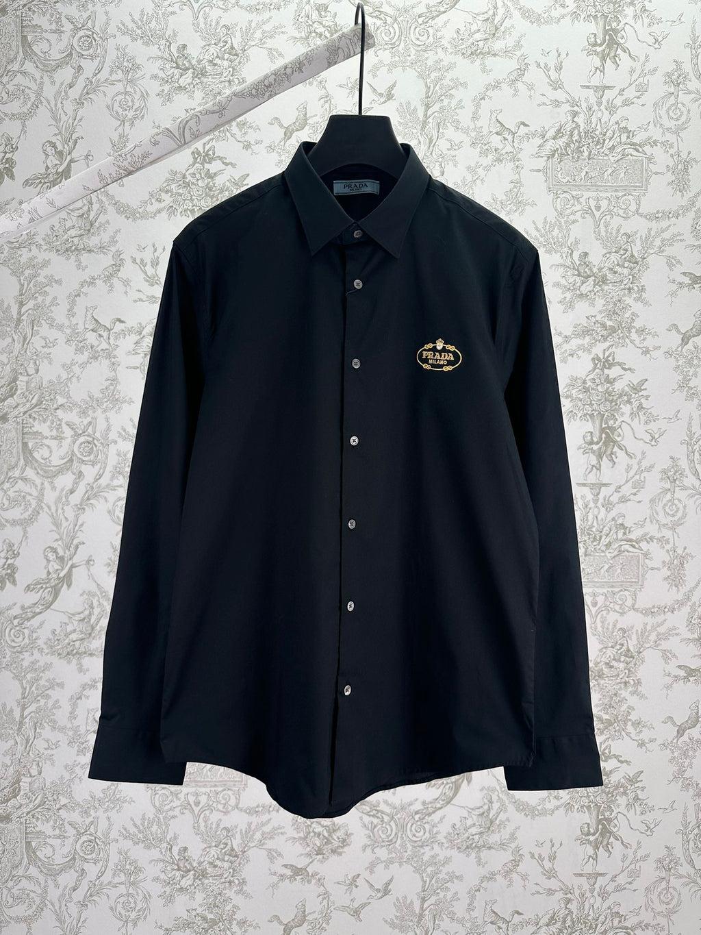 Long-sleeve button-up shirt in dark navy with Prada Milano crest on chest