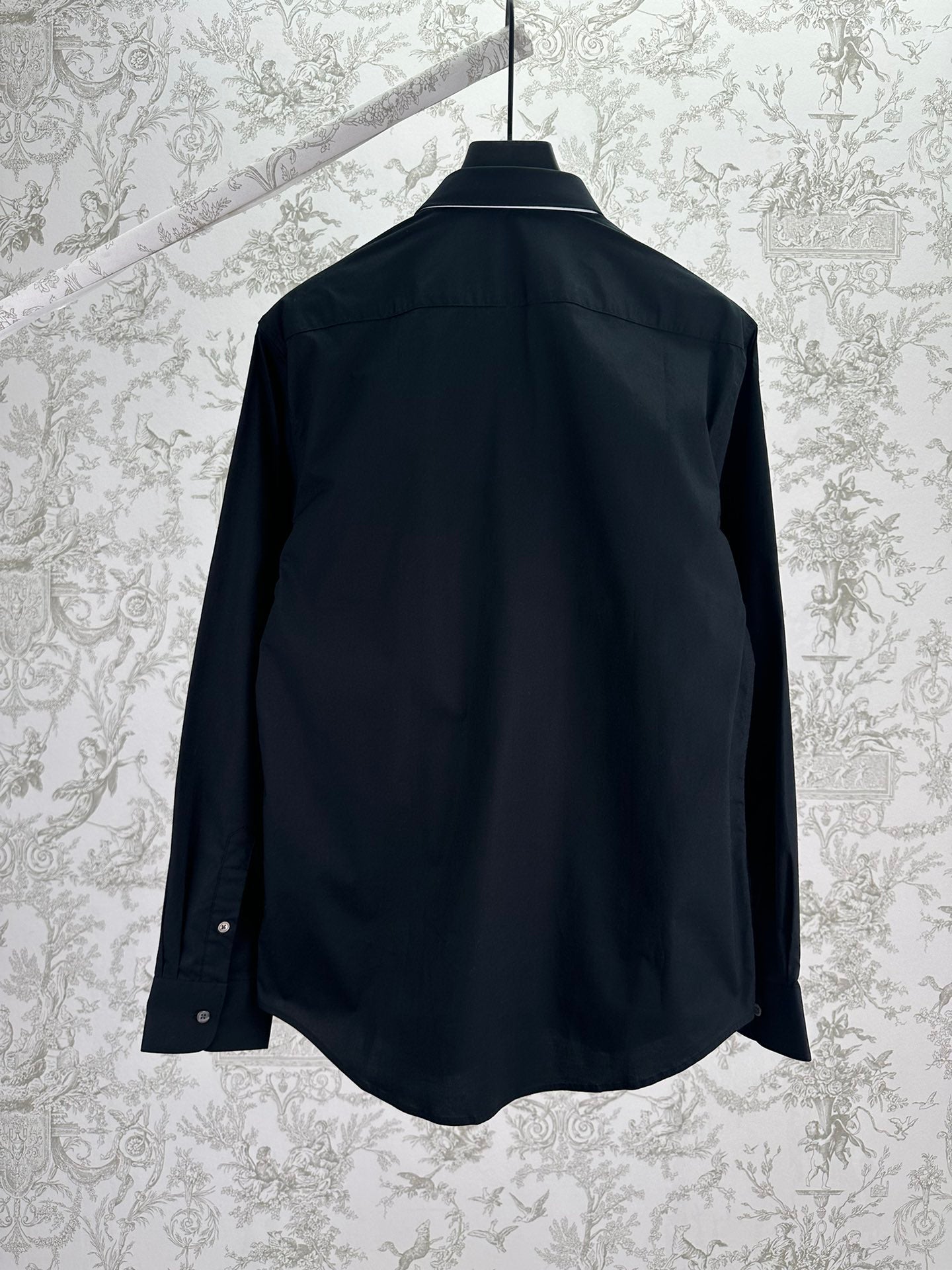 Black long-sleeve button-up shirt with back yoke and collar