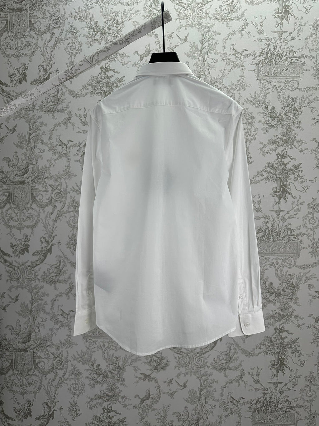 Prada long-sleeve button-up shirt, white, back view with yoke and seams