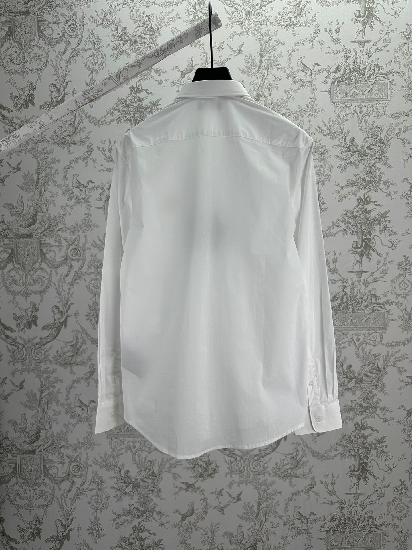 Prada long-sleeve button-up shirt, white, back view with yoke and seams