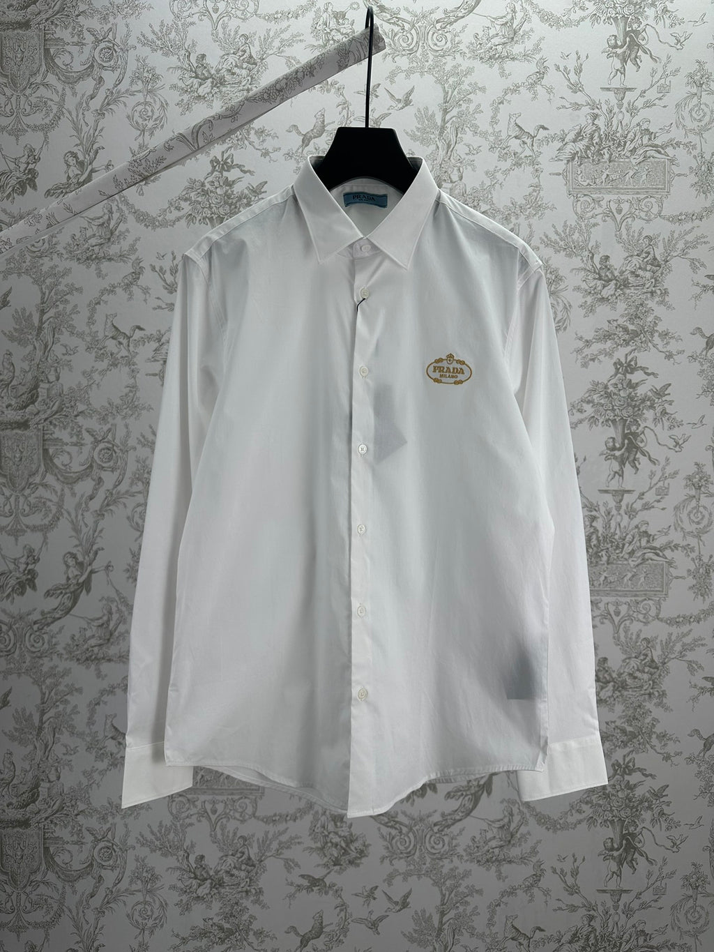 Prada long-sleeve button-up shirt, white, pointed collar, front button placket