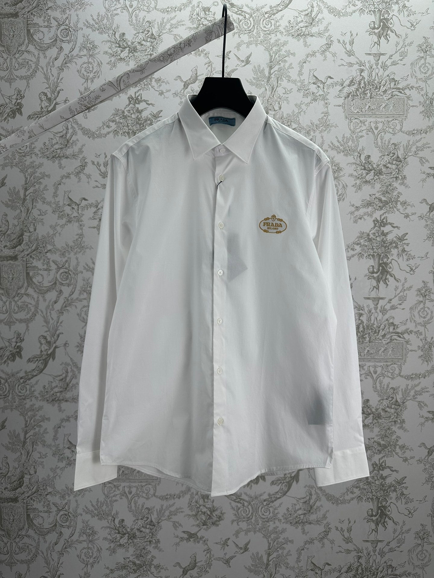 Prada long-sleeve button-up shirt, white, pointed collar, front button placket