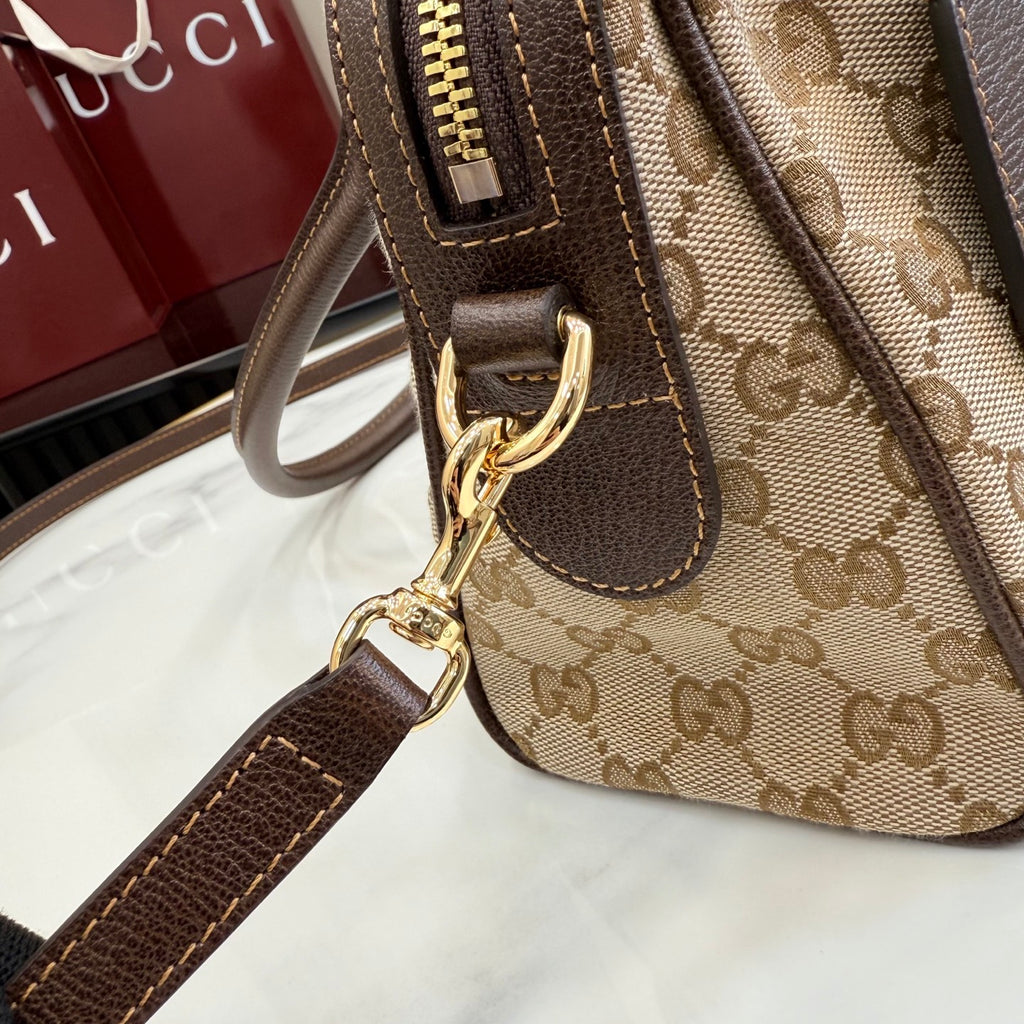 Striped canvas mini handbag close-up with brown leather strap and gold clasp hardware