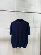 Navy knit polo sweater back with ribbed collar and short sleeves