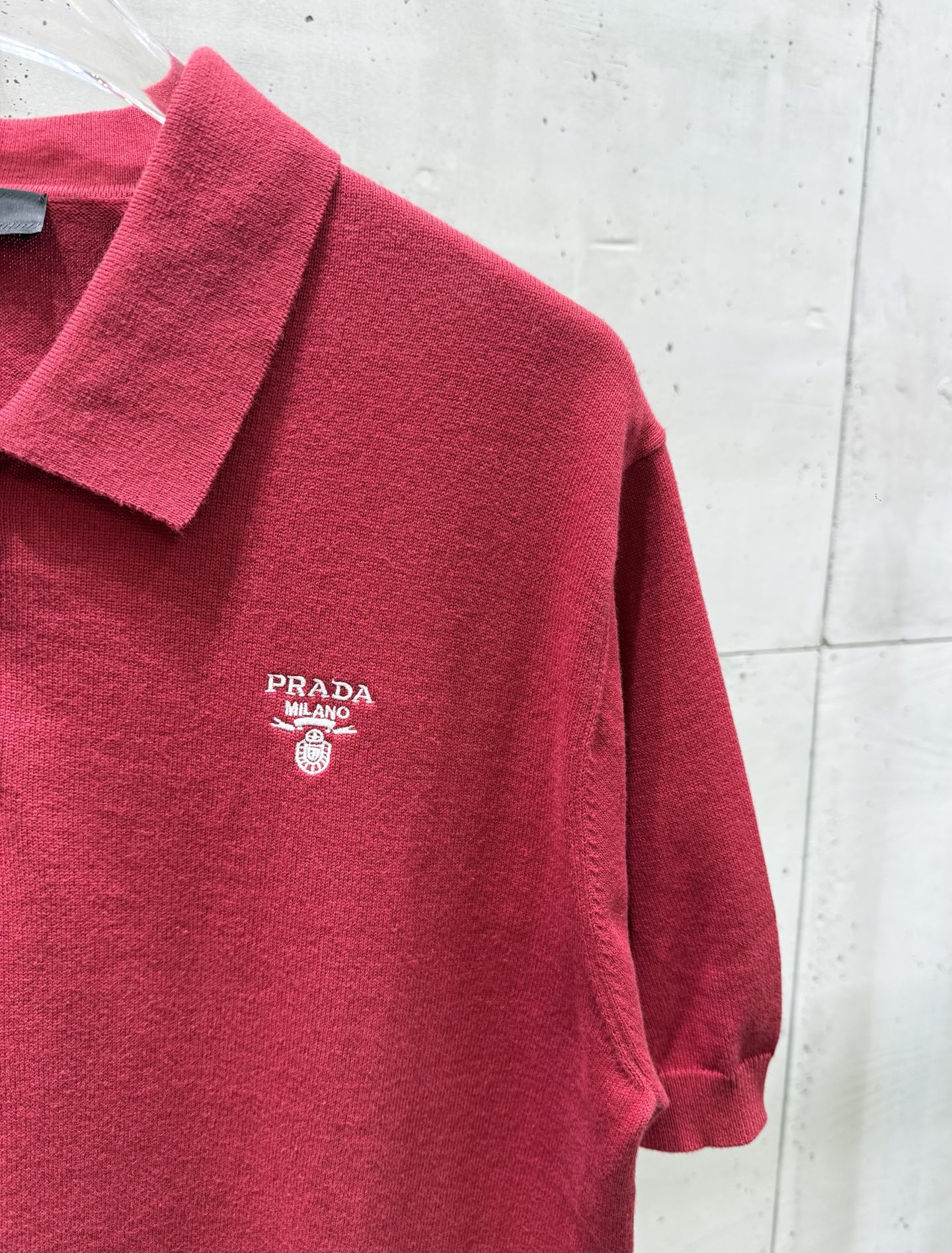 Prada red polo shirt with side sleeve and small PRADA Milano chest logo