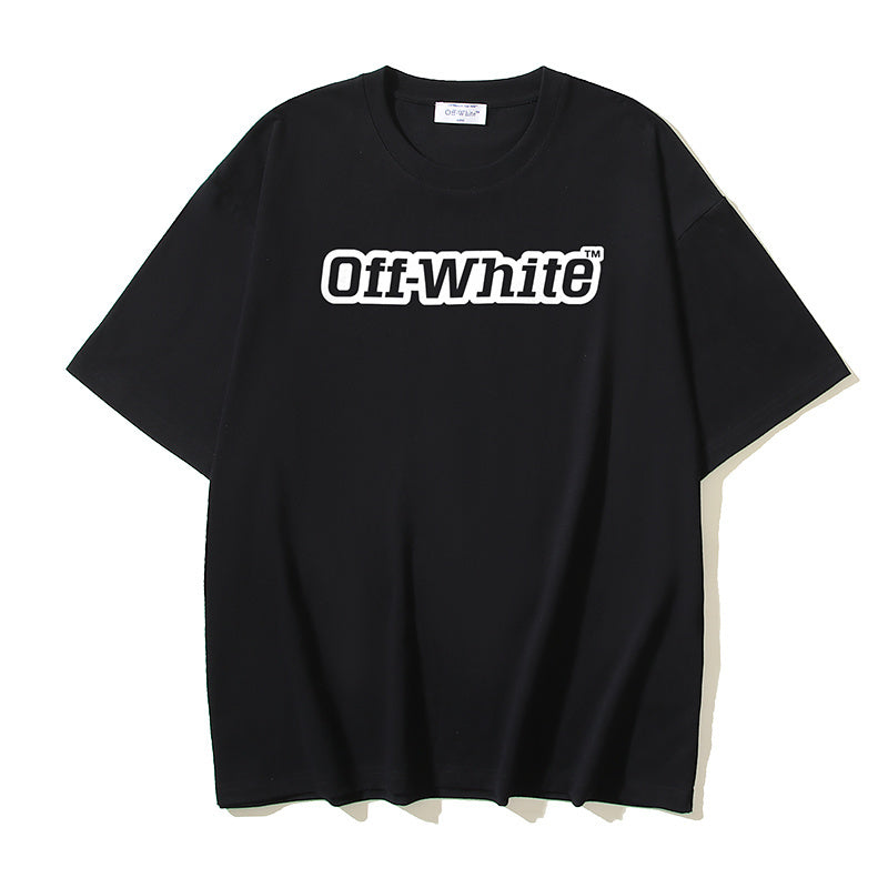 Off-White logo T-shirt, black short sleeve crew neck, front view