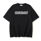 Off-White logo T-shirt, black short sleeve crew neck, front view