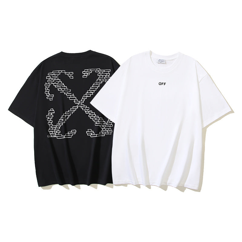 Graphic T-shirts: black X brick print and white OFF logo, front view