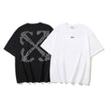 Graphic T-shirts: black X brick print and white OFF logo, front view