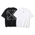 Graphic T-shirts: black X brick print and white OFF logo, front view