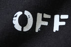 Black T-shirt with large white OFF lettering graphic